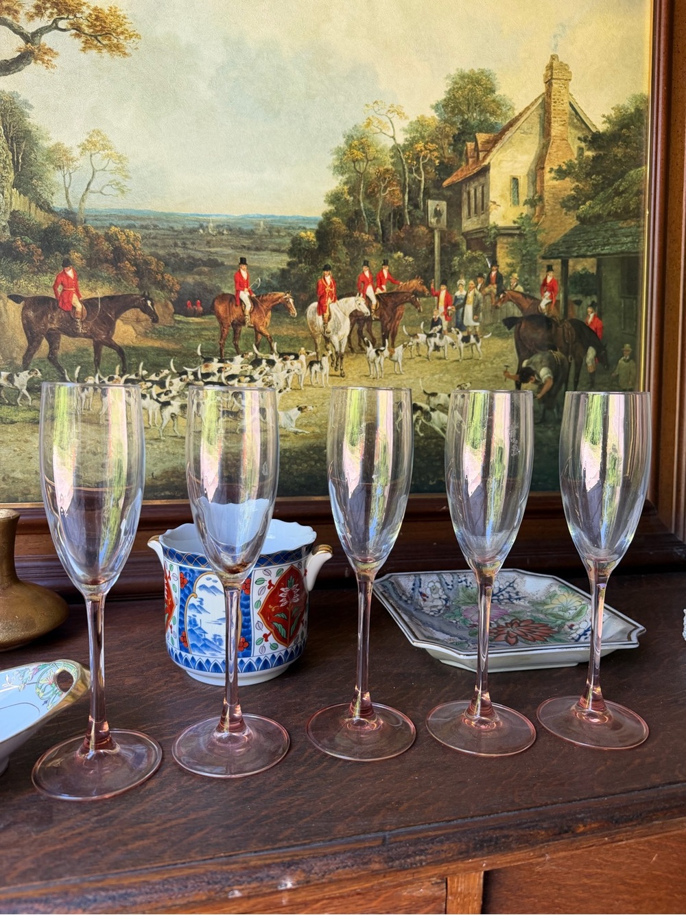Set of 5 Pink Champagne Flutes - vintage Cristal d'Arques-Durand champag